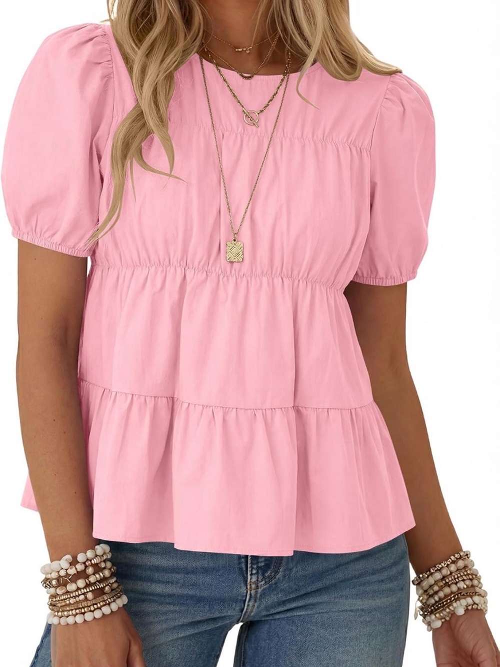 Women's Pink Tiered Puff Sleeve Top